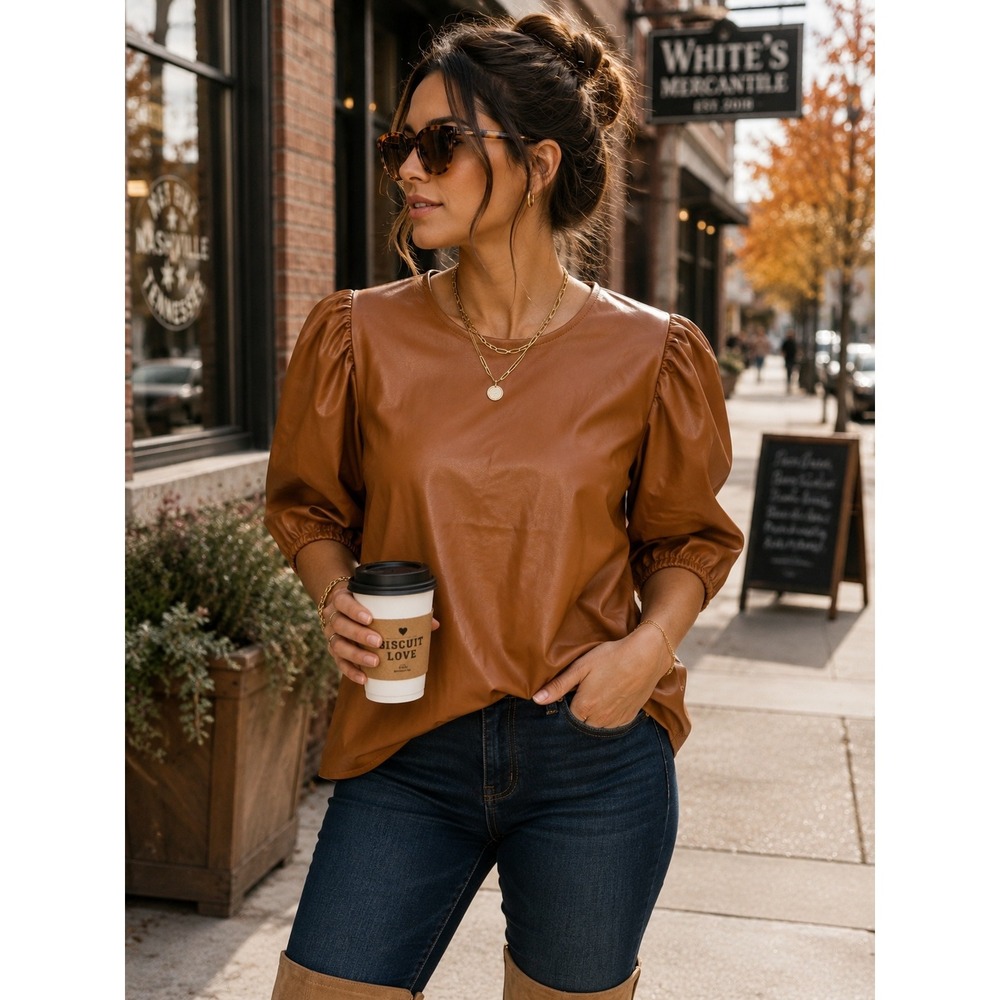 Mud Pie Womens Cognac Brown Faux Leather‎ Puff Sleeve Top Large NWT RN131993